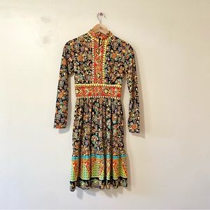 Vintage 70s Dress La Chat designer ornate gold long sleeve medium